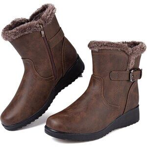 Womens Brown Snow Boots with Zipper Waterproof Leather Fur Lined Warm Ankle